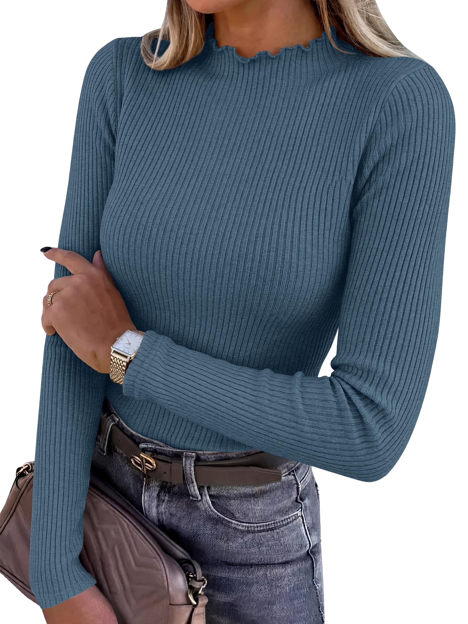 ANRABESS Long Sleeve Shirts for Women Mock Neck Ribbed Slim Fit Fall Tops