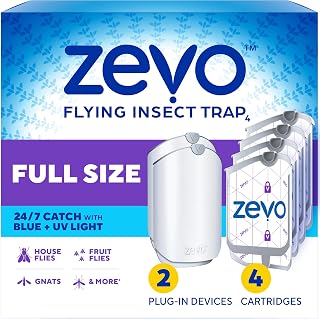 Zevo Flying Insect Trap for Fruit Flies & Gnats, 2 Plug-in Bases, 4 Refills | Catches Fruit Flies & Gnats Near Fruit Bowls & Trash Bins, Spray-Free, Odor-Free, Blue & UV Light Trap, Safe for Kids & Pets*