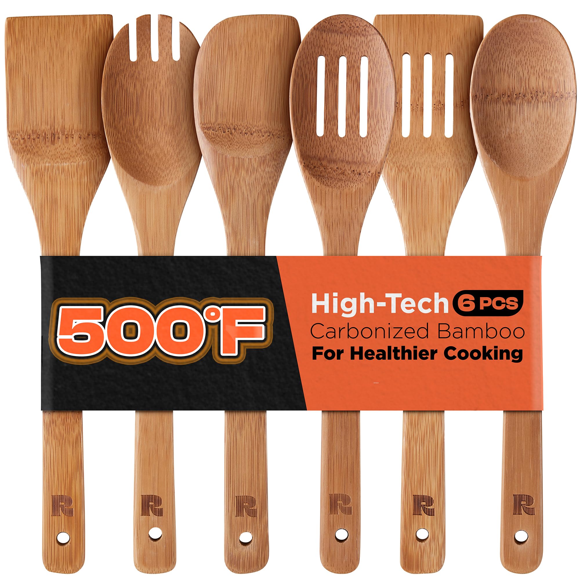 Riveira Dark Bamboo Wooden Spoons for Cooking 6-Piece, Apartment Essentials Wood