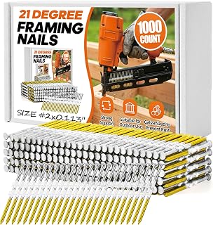 1000 Count 21 Degree Framing Nails, 2" x 0.113" Ring Shank Nails, Plastic Collated Framing Nails, Hot Dipped Galvanized, Round Head Framing Nails Compatible with Most 21 Degree Nail Guns