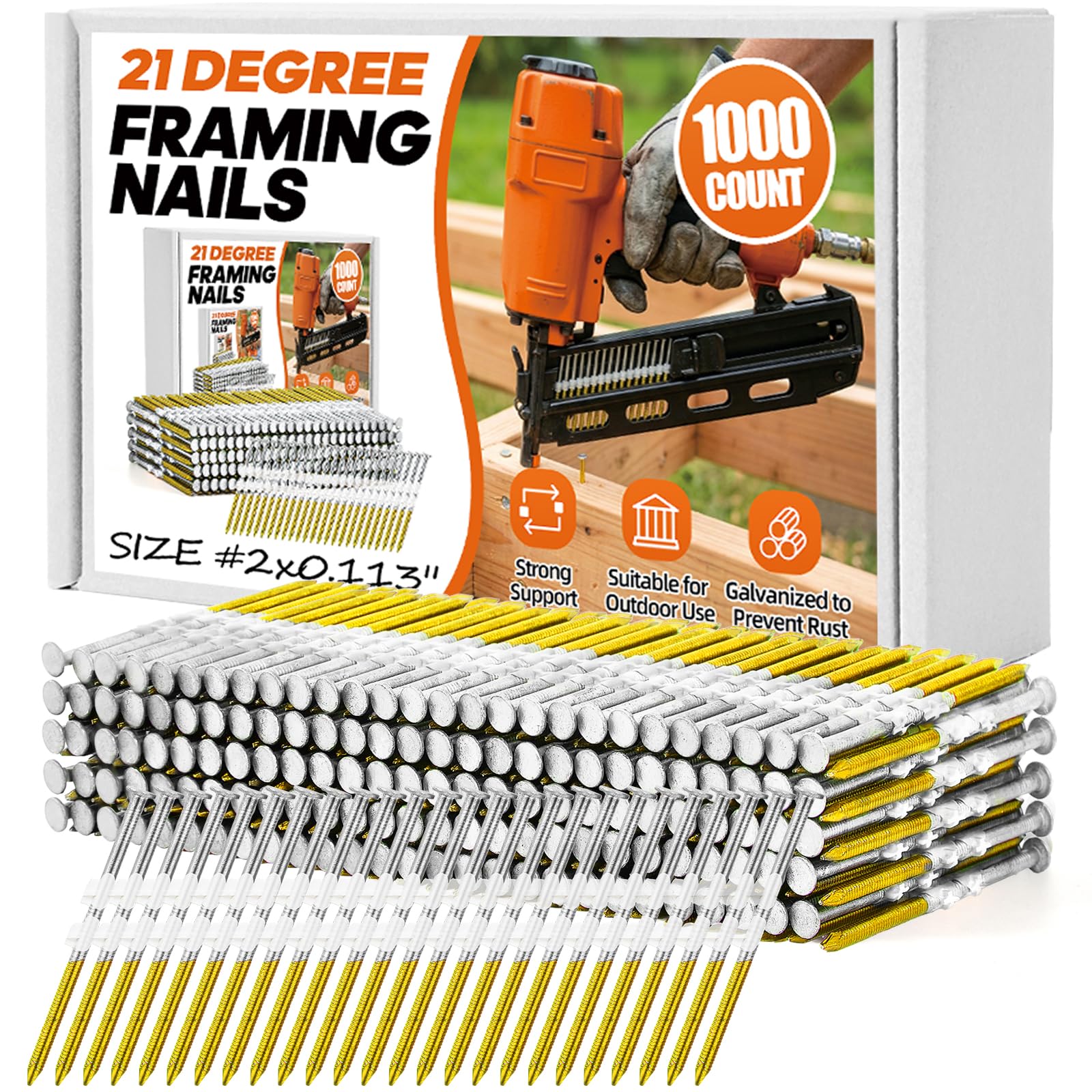 1000 Count 21 Degree Framing Nails, 2" x 0.113" Ring Shank Nails, Plastic Collat