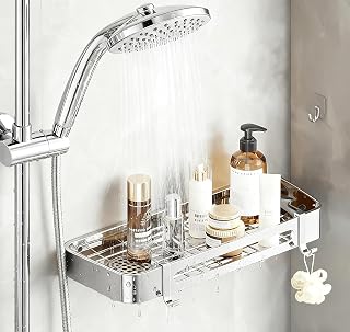 304 Stainless Steel Adhesive Shower Shelf, Drainage Grate, Built-in Towel Hooks, Bathroom Shelf Rustproof No Drilling for Shower and Dressing Table