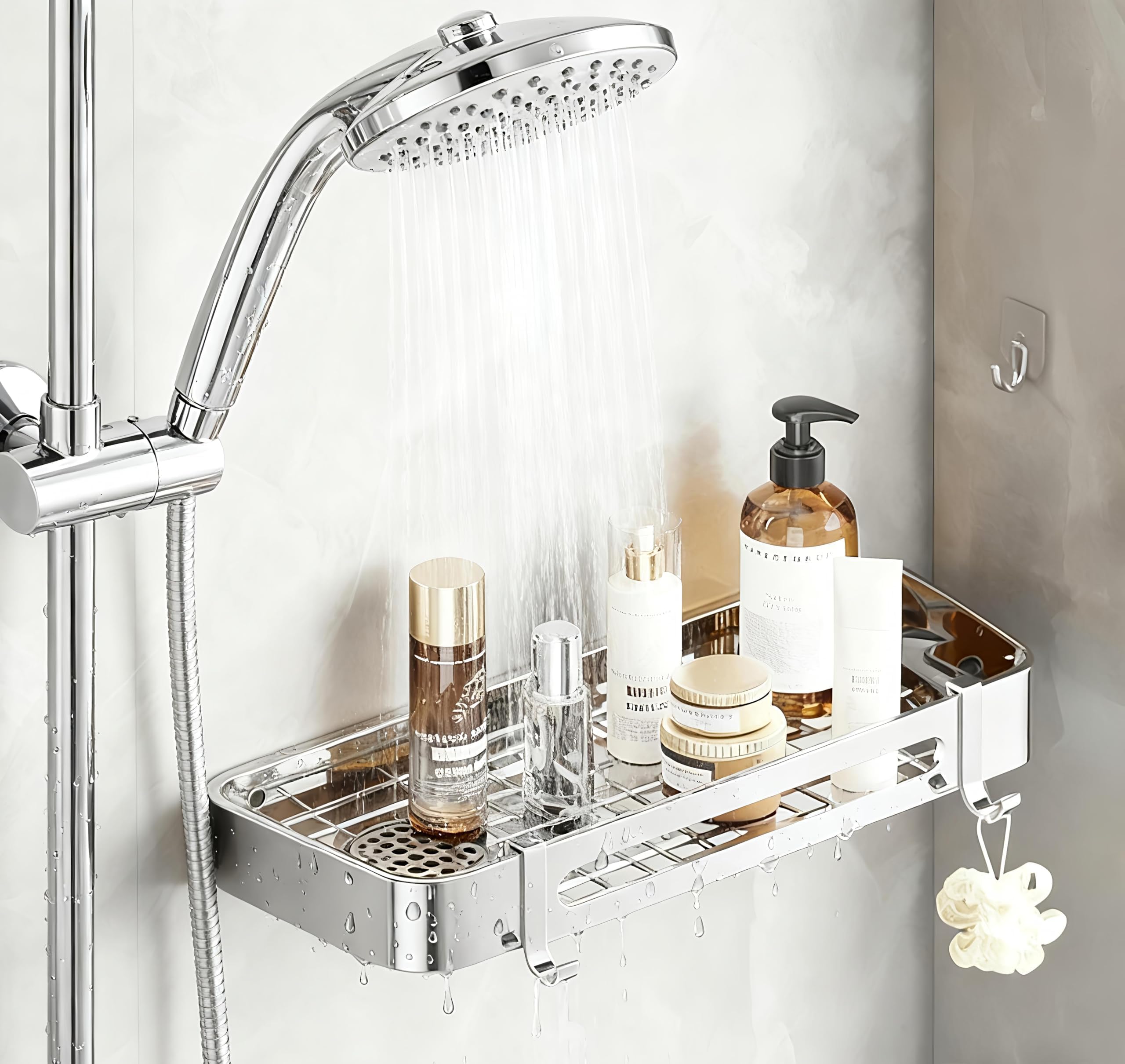 304 Stainless Steel Adhesive Shower Shelf, Drainage Grate, Built-in Towel Hooks,
