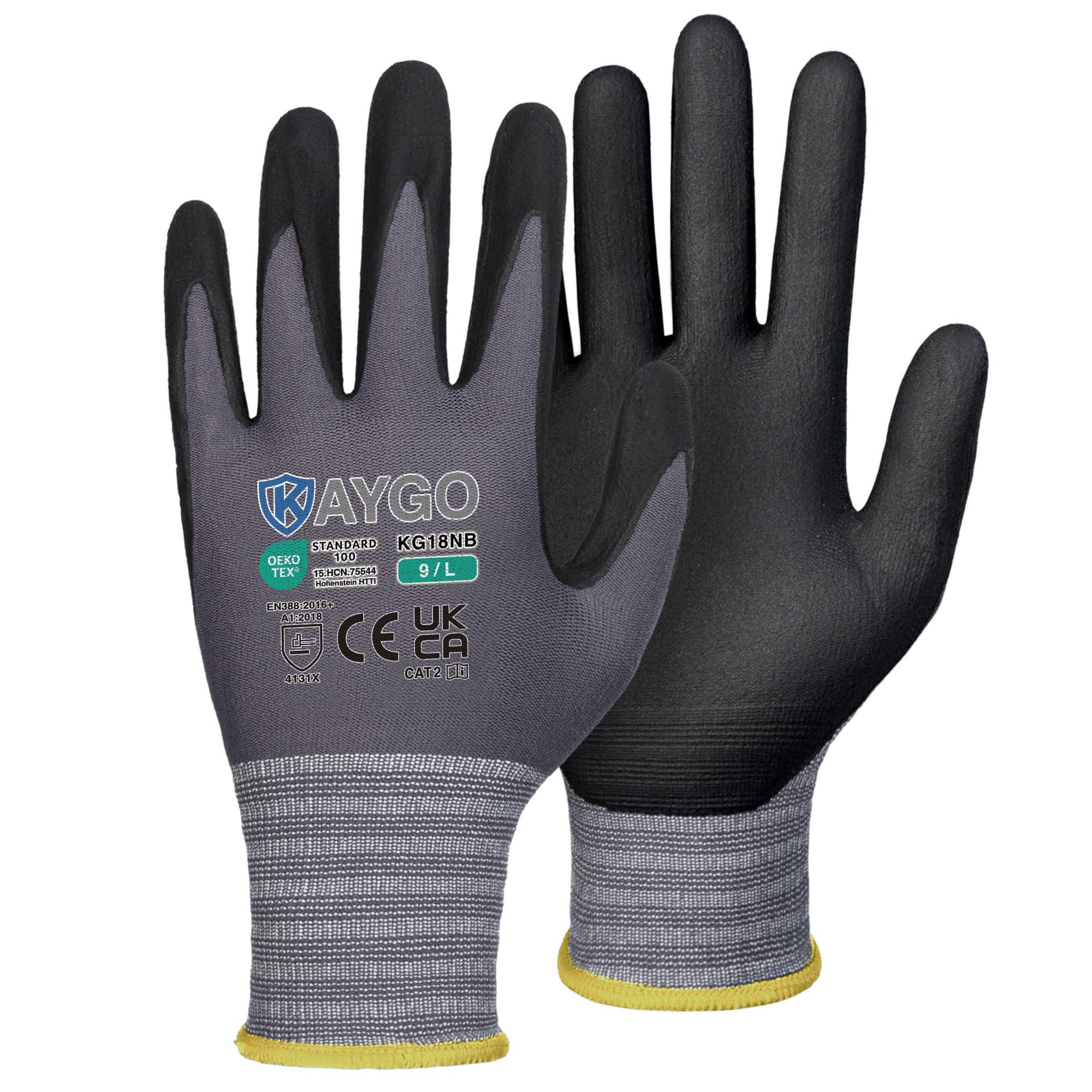 KAYGO Safety Work Gloves MicroFoam Nitrile Coated 3 Pairs, KG18NB | 15G Seamless