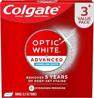 Colgate Optic White Advanced Hydrogen Peroxide Toothpaste, 3 Pack, 3.2 oz | Sparkling White, Teeth Whitening Toothpaste, Removes 5 Years of Deep-Set Coffee, Tea, and Wine Stains, Enamel Safe Formula