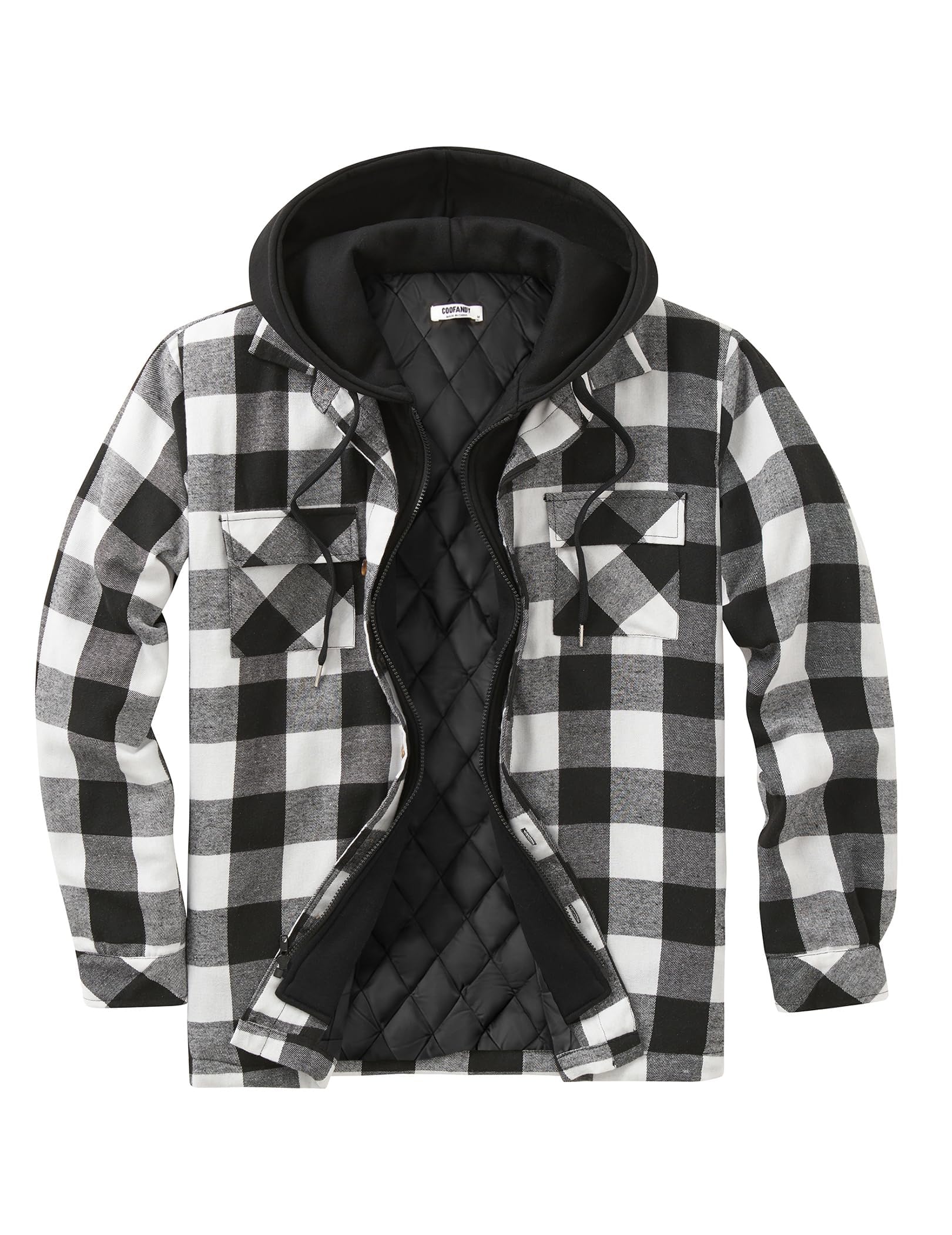 COOFANDY Men's Flannel Plaid Shirt Jacket Hooded Quilted Lined Shacket