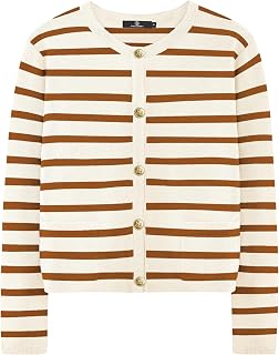 LILLUSORY Women's Crew Neck Gold Buttons Cardigan Sweaters Lady Jacket with Patch Pockets