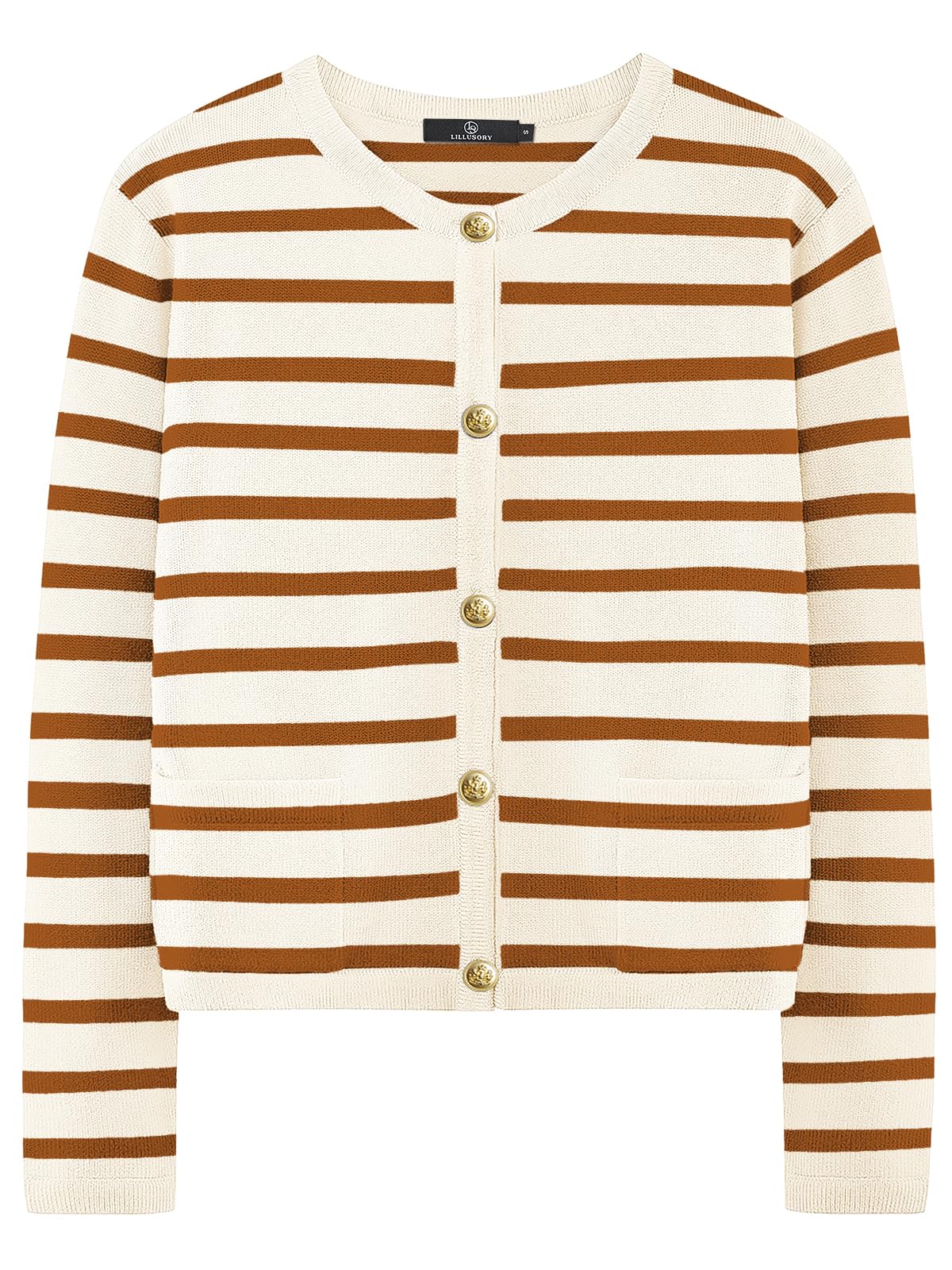 LILLUSORY Women's Crew Neck Gold Buttons Cardigan Sweaters Lady Jacket with Patc