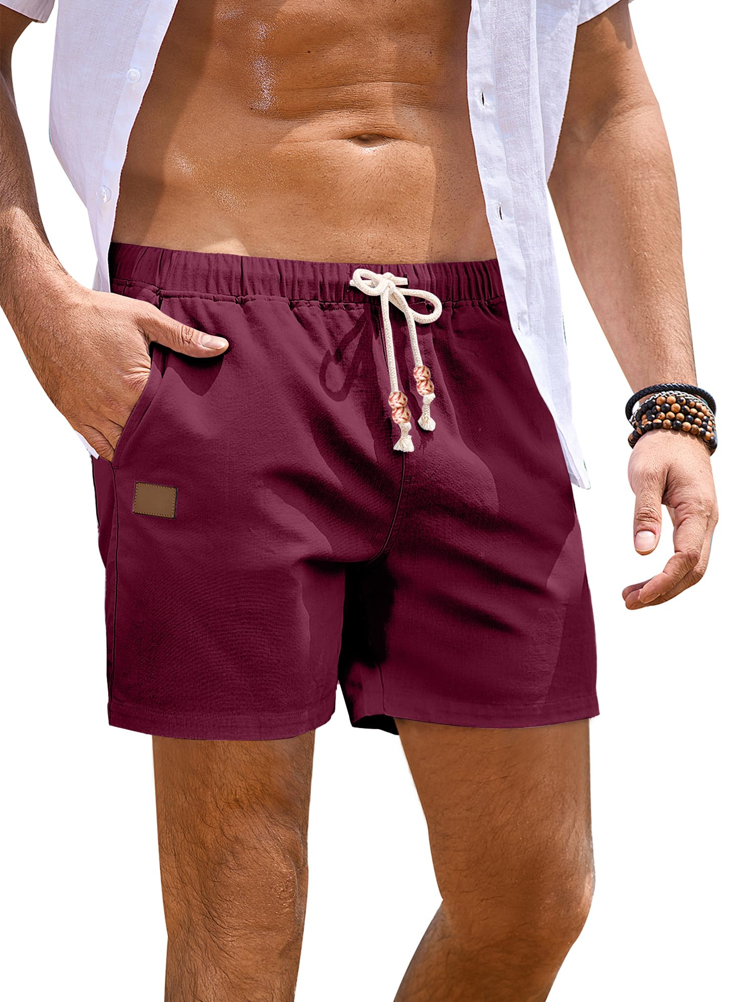 JMIERR Mens 5"/7" Cotton Linen Lightweight Drawstring Casual Beach Shorts