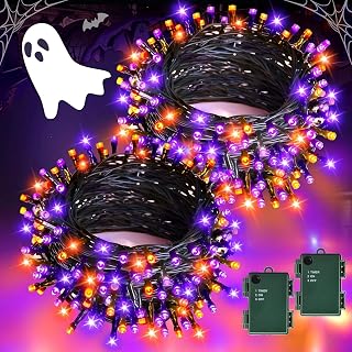 Halloween Lights Outdoor, Total 10M 100LED Orange and Purple Fairy Lights Battery Operated with Timer IP65 Waterproof, for Halloween Decorations Outdoor Indoor, Autumn, Window, Fall Decor, 2Pack