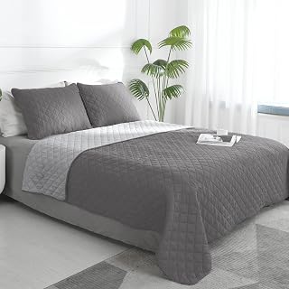 Easy-Going Reversible Quilt Set Full/Queen, Bedspread with 2 Shams | Gray/Light Gray, Lightweight Microfiber Bed Comforter, 1 Quilt + 2 Pillow Shams, All-Season Coverlets for Bedroom