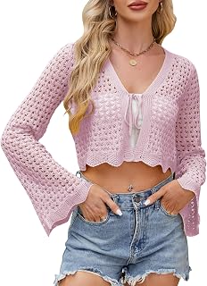 Women Cropped Cardigan with Knot Front Crochet Bolero Shrug Sweater Bell Sleeve