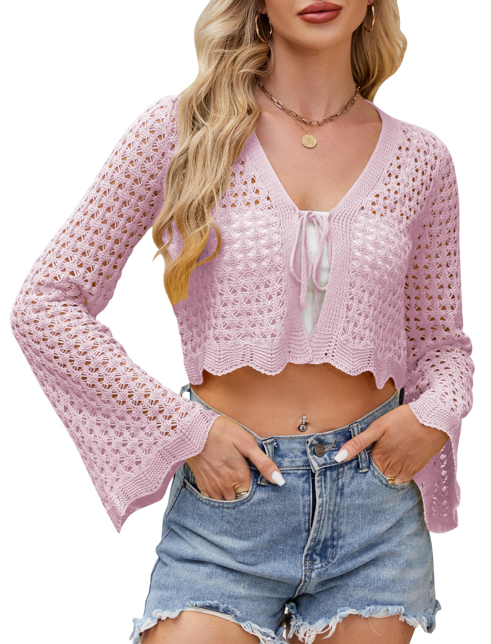 Women Cropped Cardigan with Knot Front Crochet Bolero Shrug Sweater Bell Sleeve