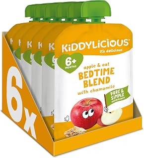 Kiddylicious Bedtime Blend Apple, Oat & Chamomile Pouches - Delicious Pouches for Babies - Suitable for 6+ Months - 100g x 6 Packs