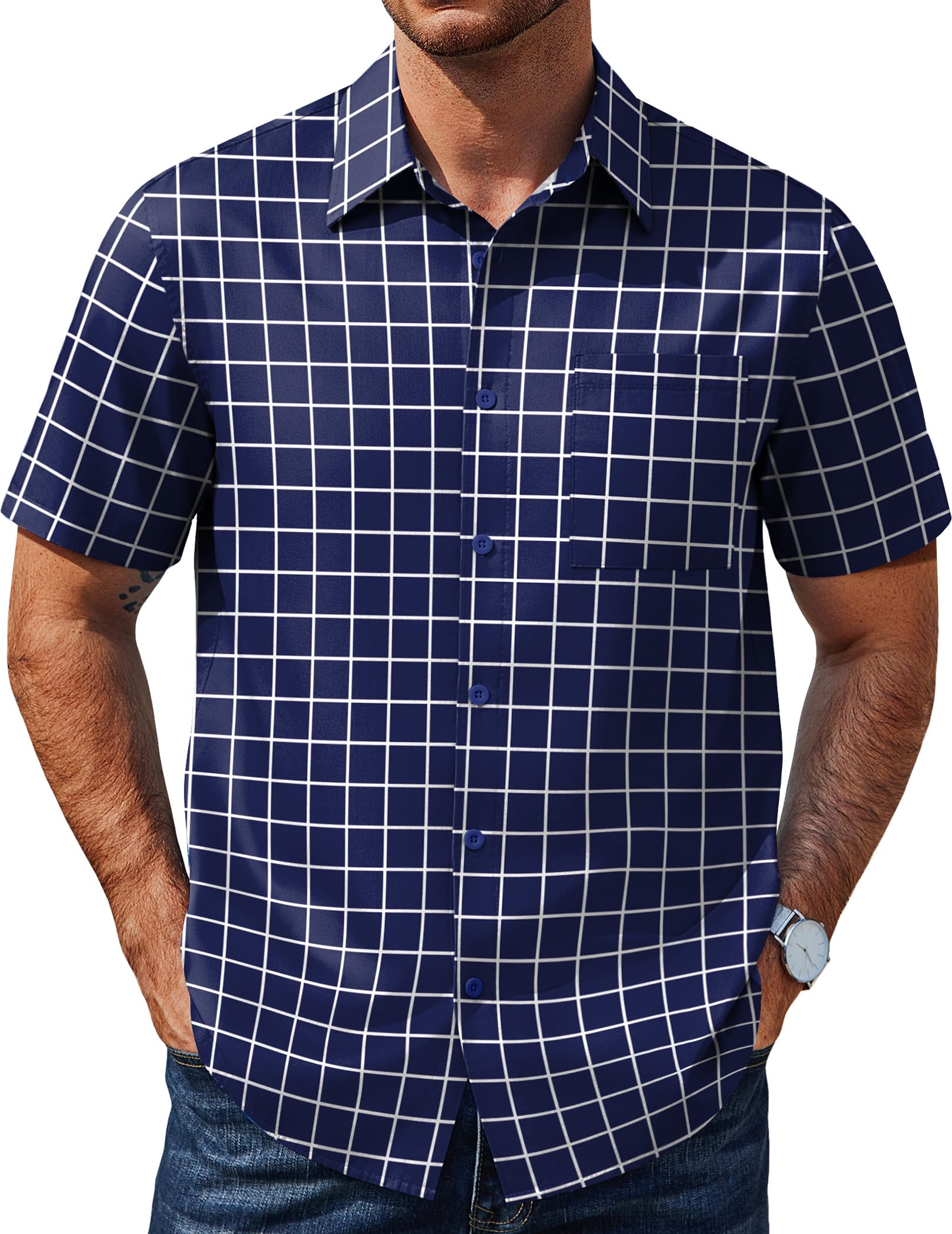 COOFANDY Mens Plaid Button Down Shirts Short Sleeve Casual Summer Shirt Wrinkle 