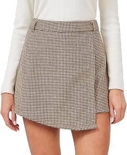XinYangNi Women's Casual High Waisted Asymmetrical Hem A-line Plaid Faux Leather Dressy Wrap Skort Shorts