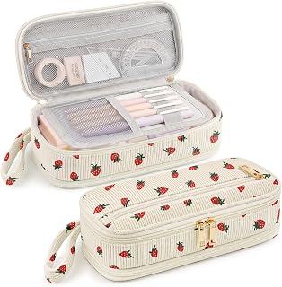 Large Capacity Pencil Case, Big Capacity Pencil Pouch Stationery Pen Bag with Durable Zipper, Extra Big Pencil Bag (Beige Strawberry)