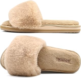 COFACE Womens Slides Fuzzy Slippers Open Toe Fluff Slippers With Arch Support Plantar Fasciitis Orthotic Slippers Women House Shoes
