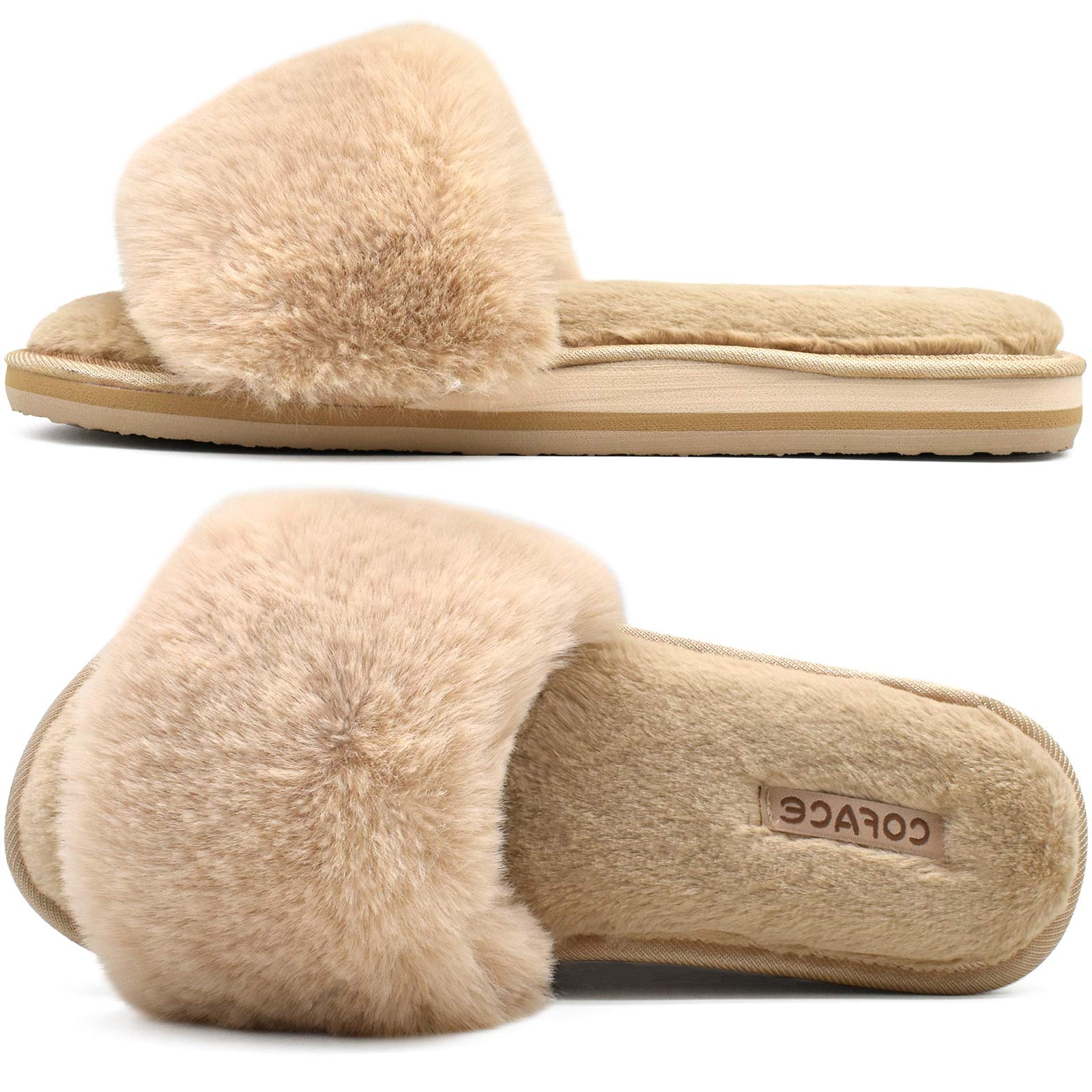 COFACE Womens Slides Fuzzy Slippers Open Toe Fluff Slippers With Arch Support Pl