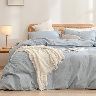 BESTOUCH Cotton Solid Duvet Cover Set Linen Feel Cornflower Blue Queen