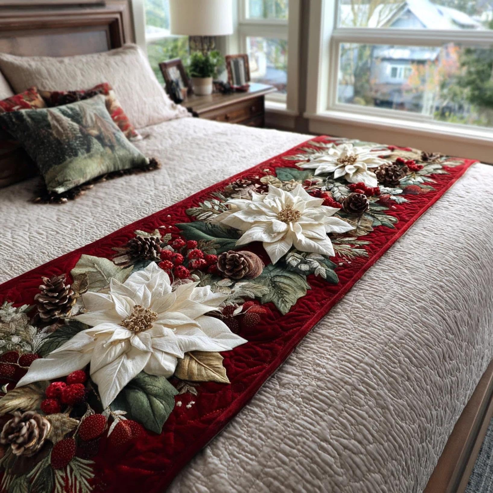 Yimafaner Christmas Bed Runner, Quilted Printed Scarf Throw Blanket Decor | Hote