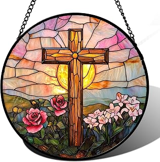 Cross with Rose Stained Glass Window Hanging Suncatcher Gifts 6.3"