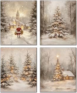 DOFQZ Winter Christmas Wall Art Prints Set of 4, Christmas Home Room Decor, Vintage Winter Xmas Pine Tree Forest Santa Cabin Posters for Home Bedroom Living Room Decor, 8x10 Unframed