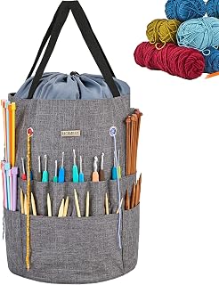 HOMEST Crochet Bag Organizer for Yarn Storage, and Knitting Accessories | Customized front compartment, 6 oversized grommets and drawstring closure for hooks, needles and projects, Grey