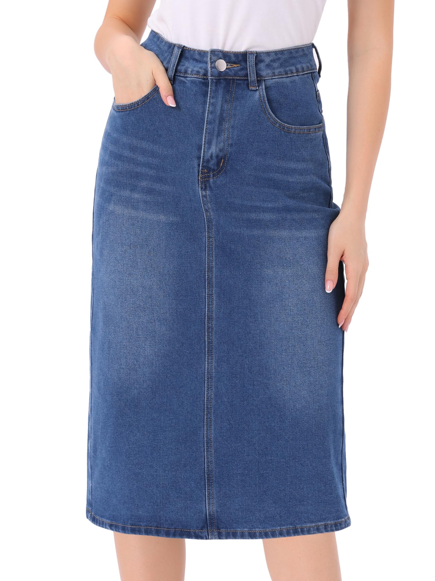 Allegra K Women's Jeans Skirt High Waist Midi Skirt Stretch Denim Vintage