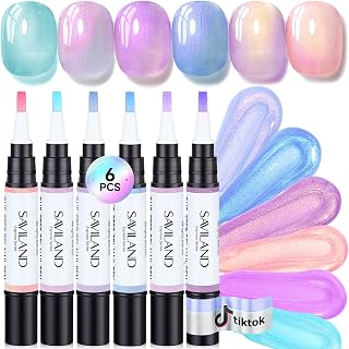 SAVILAND One-Step Gel Nail Polish Pens Set, 6 Colors Pearl Pink Blue | 3 in 1 Gel Polish Set Beginner, Base &amp; Color Gel &amp; Top in One Pen, Aurora Effect, Travel 4ml, U V Lamp Needed, Women Gift
