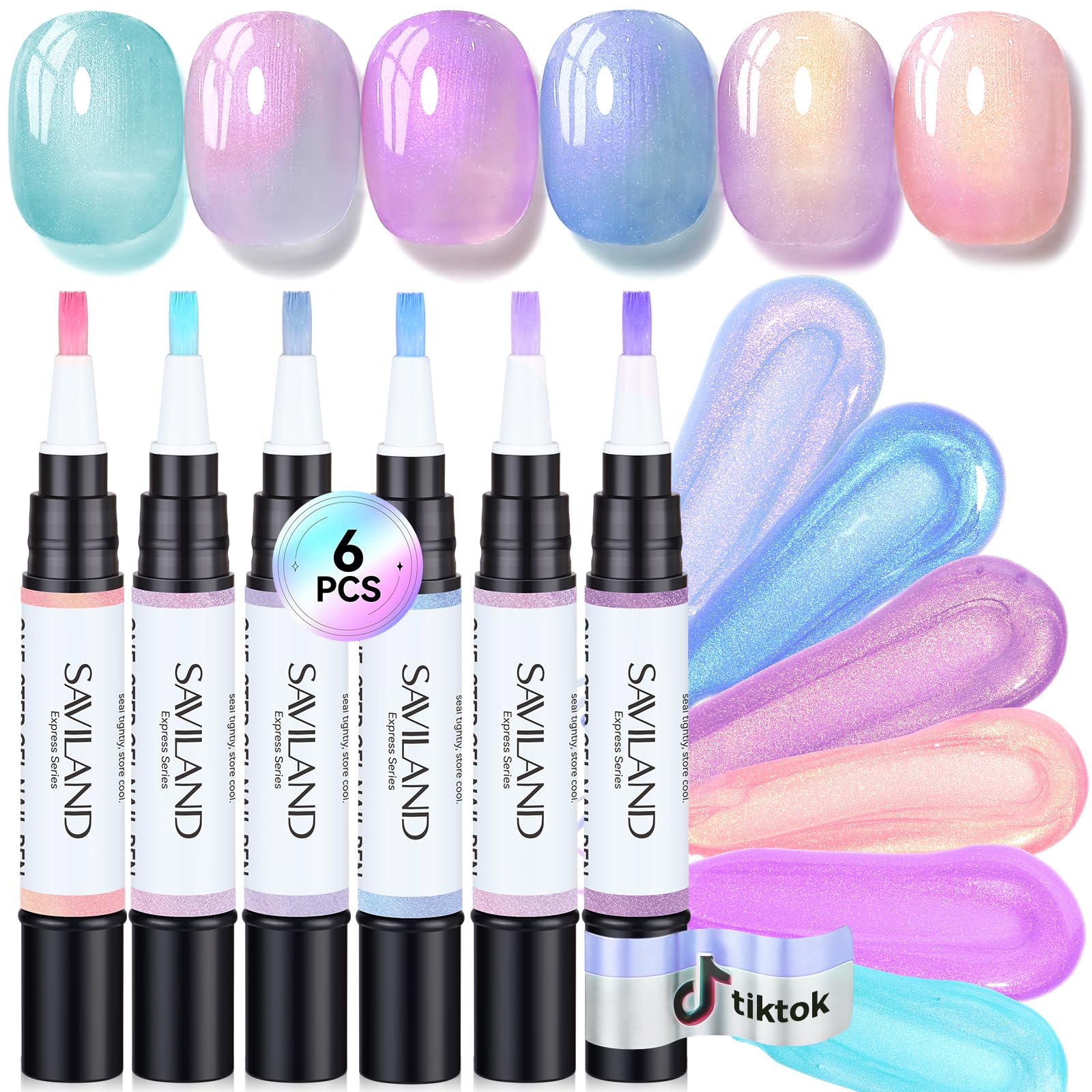 SAVILAND One-Step Gel Nail Polish Pens Set, 6 Colors Pearl Pink Blue | 3 in 1 Ge