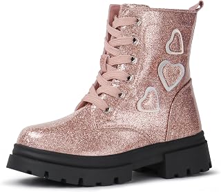 Tobfis Kids Girls Fashion Shiny Combat Work Boots Side Zipper Ankle Boots(Toddler/Little Kid/Big Kid)