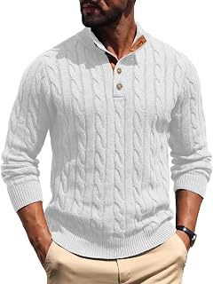 Askdeer Men's Cable Knit Sweater Long Sleeve Stand Collar Casual Vintage Pullover Button Knitted Sweaters