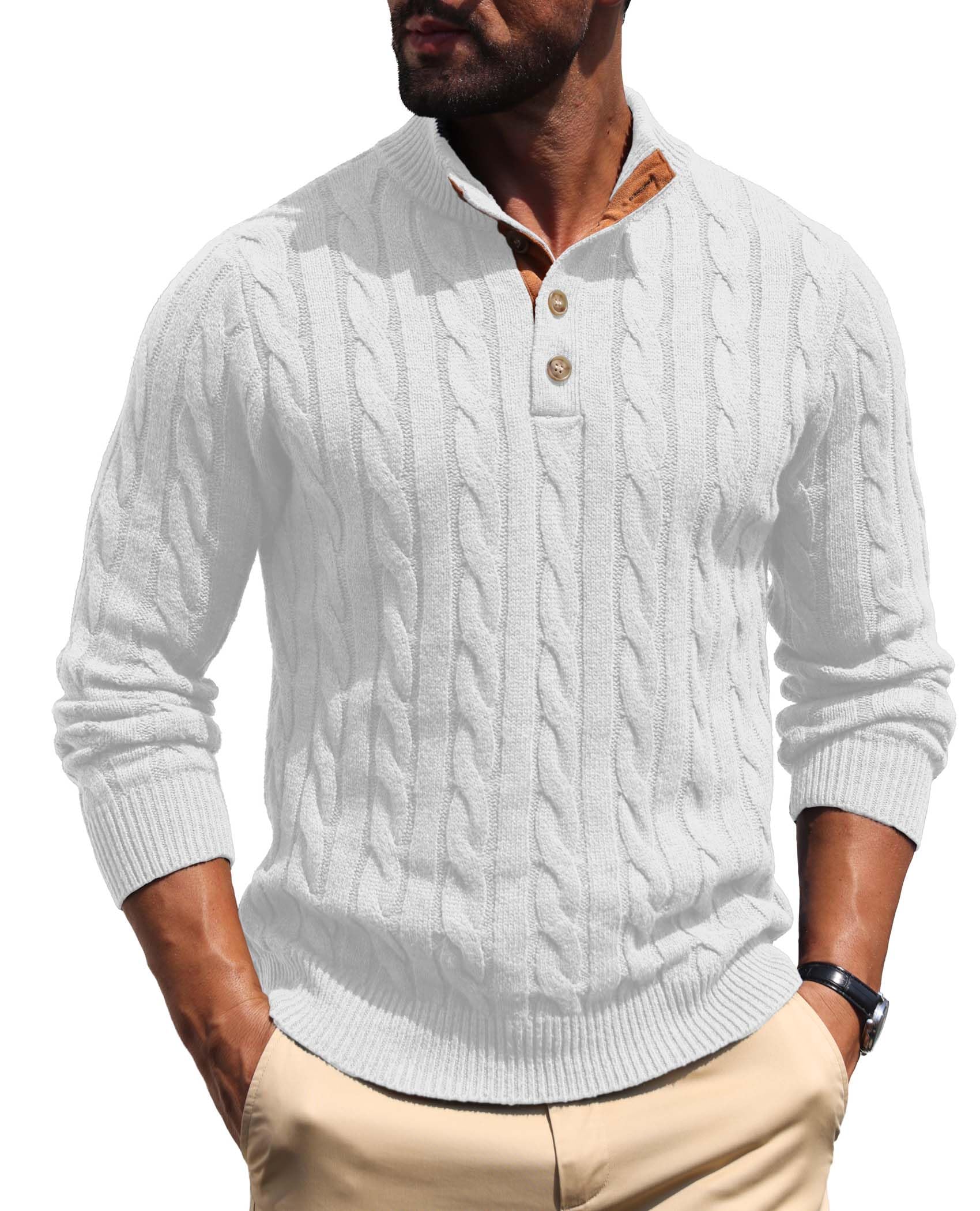 Askdeer Men's Cable Knit Sweater Long Sleeve Stand Collar Casual Vintage Pullove