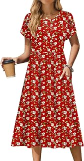 Zeagoo Women Summer Midi Dress Short Sleeve Casual Pockets Aline Flowy Tshirt Dress Floral Vocation Beach Sundress