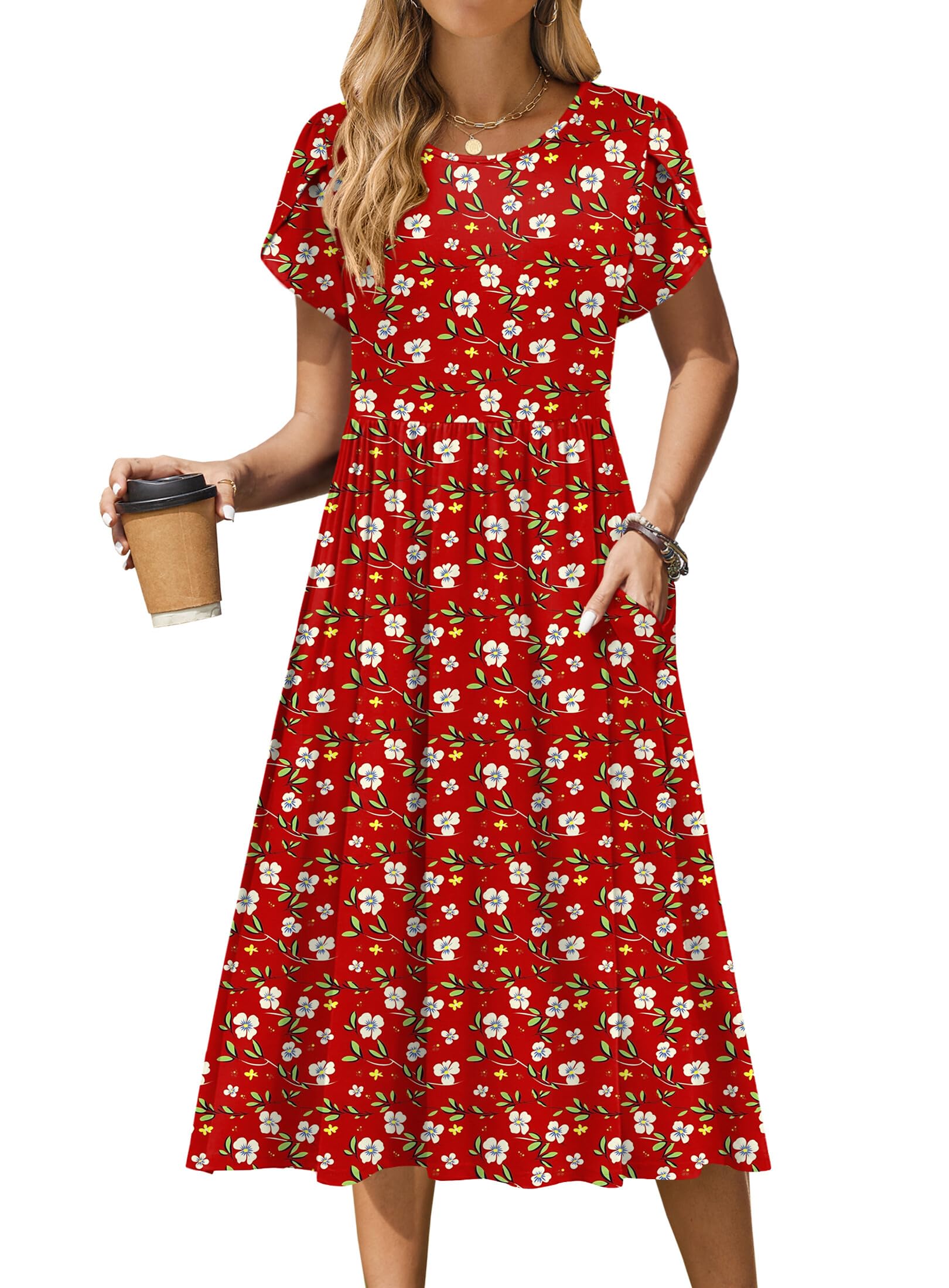 Zeagoo Women Summer Midi Dress Short Sleeve Casual Pockets Aline Flowy Tshirt Dr