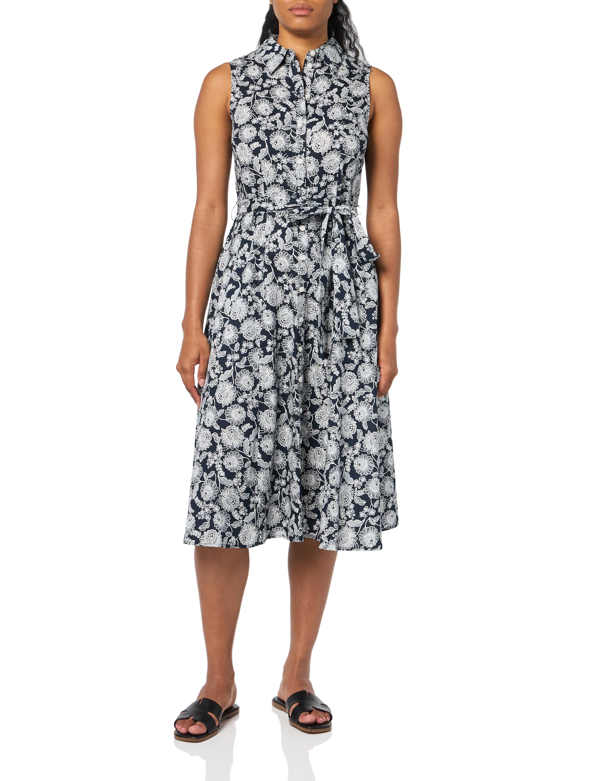 Tommy Hilfiger Women Sleeveless Collar Button Front Tie Waist Midi Shirt Dress
