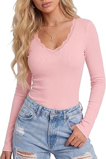 LYANER Women's Lace V Neck Long Sleeve Shirts
