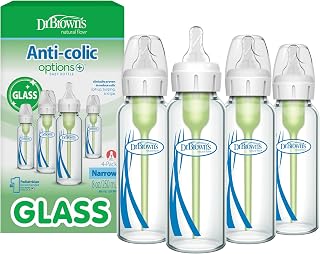 Dr. Brown's Anti-Colic Options+ Narrow Glass Baby Bottle, 8 oz/250 mL, with Level 1 Slow Flow Nipple, BPA-Free, 0m+, 4 Pack