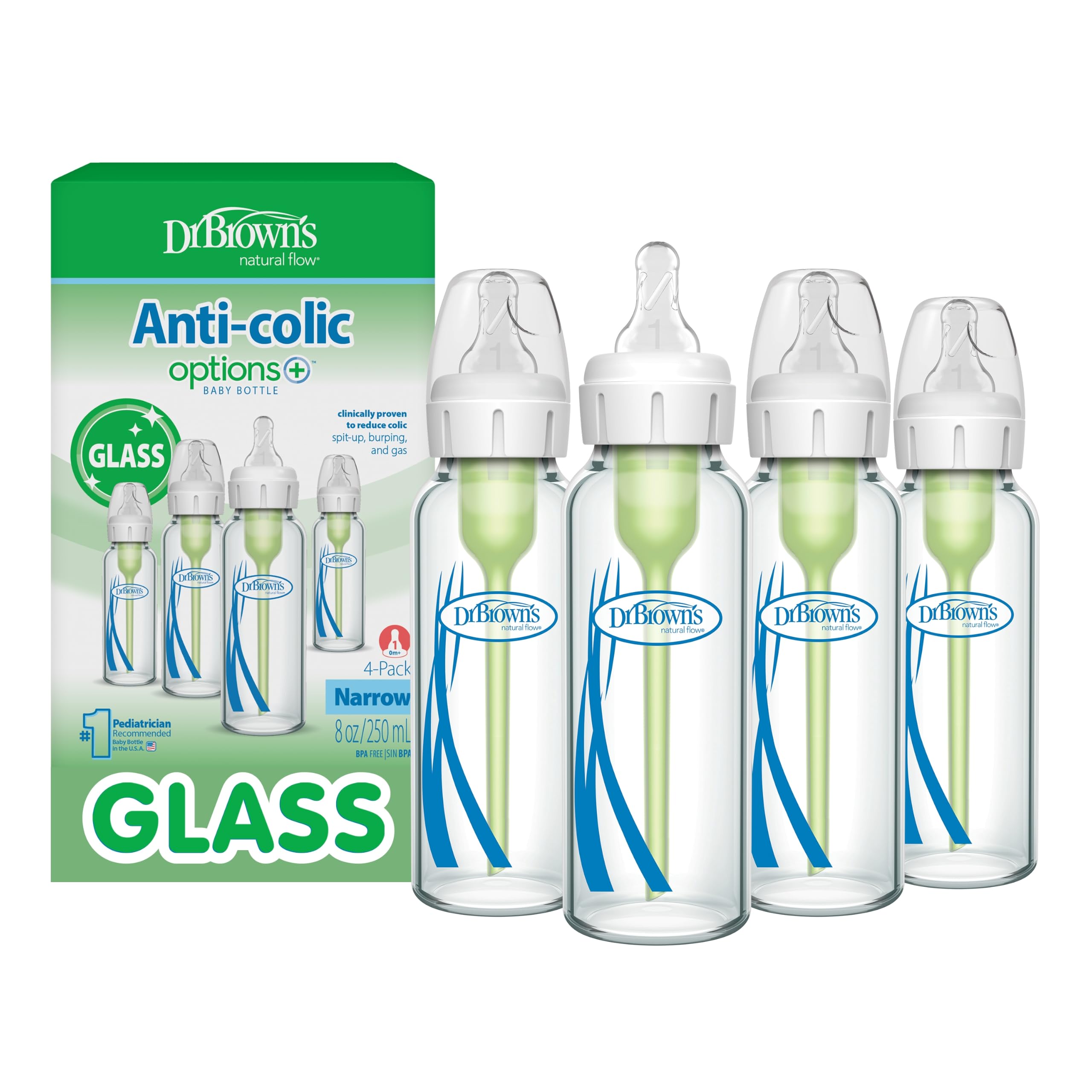 Dr. Brown’s Natural Flow® Anti-Colic Options+™ Narrow Glass Baby Bottles, 4-Pack