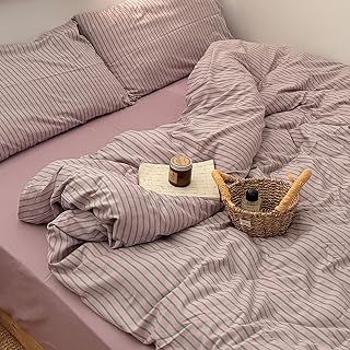 §zz.luxi Duvet Cover Set, Single, 3-Piece Set, Striped, Solid, Contrast Color, Simple, Bedding Cover, Western and Japanese Style, Bedspread, Duvet Cover, Fitted Sheet, Pillowcase, Sheet Cover, Skin Friendly, Peach Skin Treatment, Nordic Style, All Seasons (Purple Stripe, S Single (3 Piece Set))