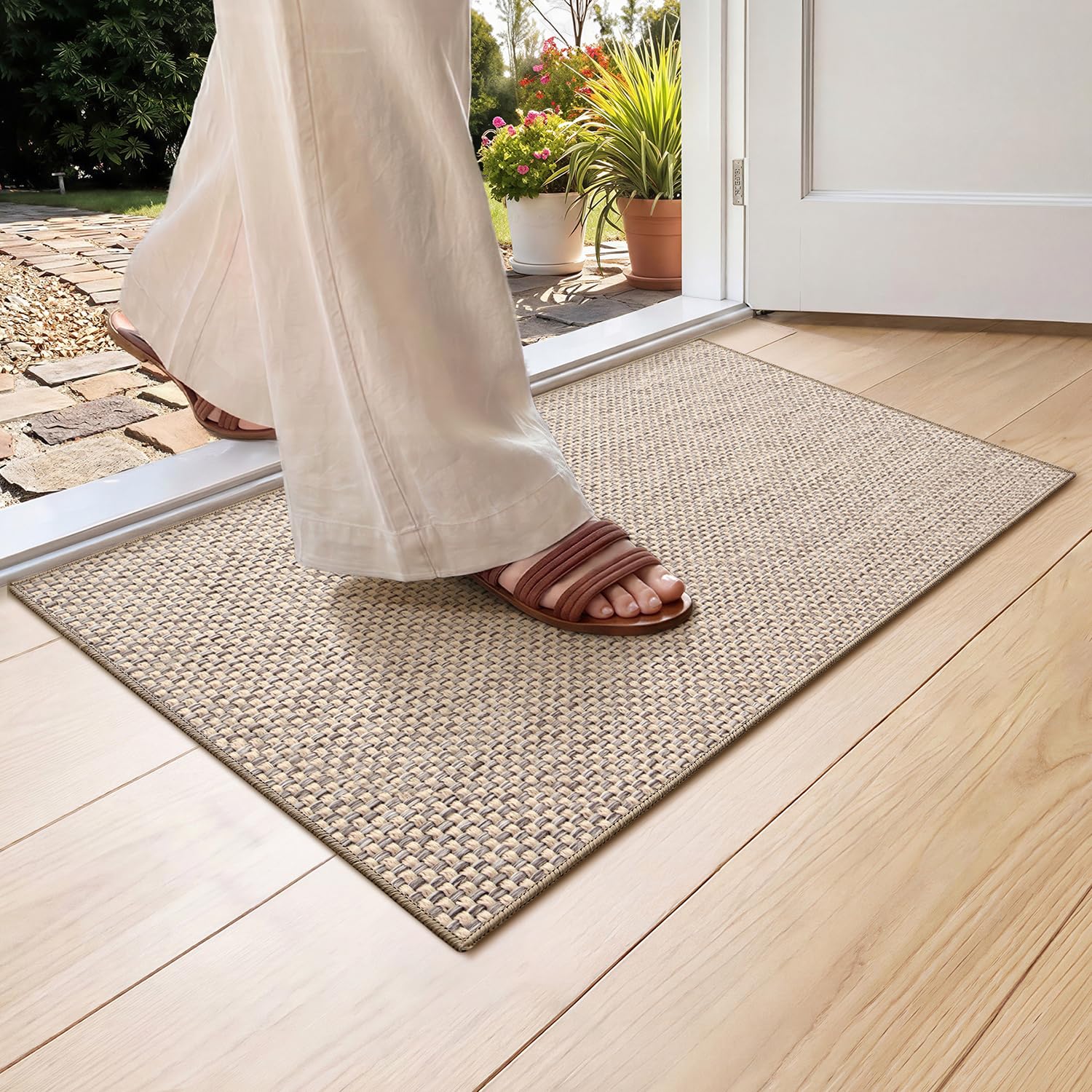 Color&Geometry Ultra-Thin Indoor Door Mat Entrance, 17"x30", Khaki | Low-Profile