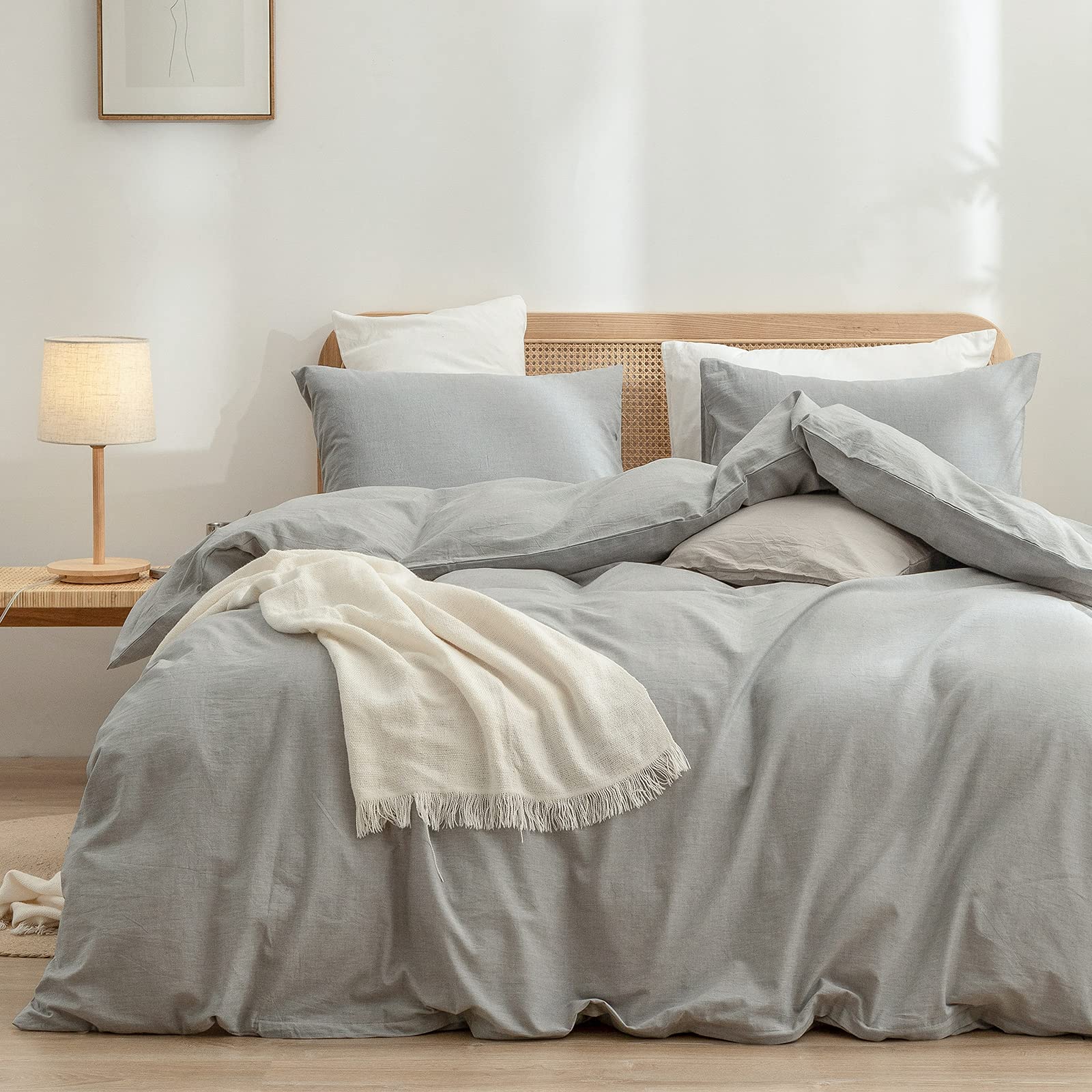 BESTOUCH Cotton Solid Duvet Cover Set Linen Feel Light Grey Twin