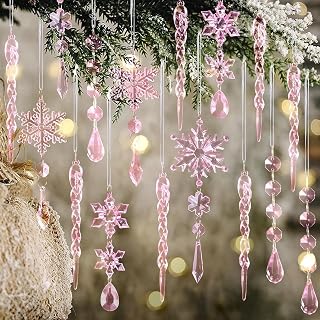 18pcs Light Pink Acrylic Christmas Tree Decorations Snowflakes Stalactite Hanging with Drop Pendants