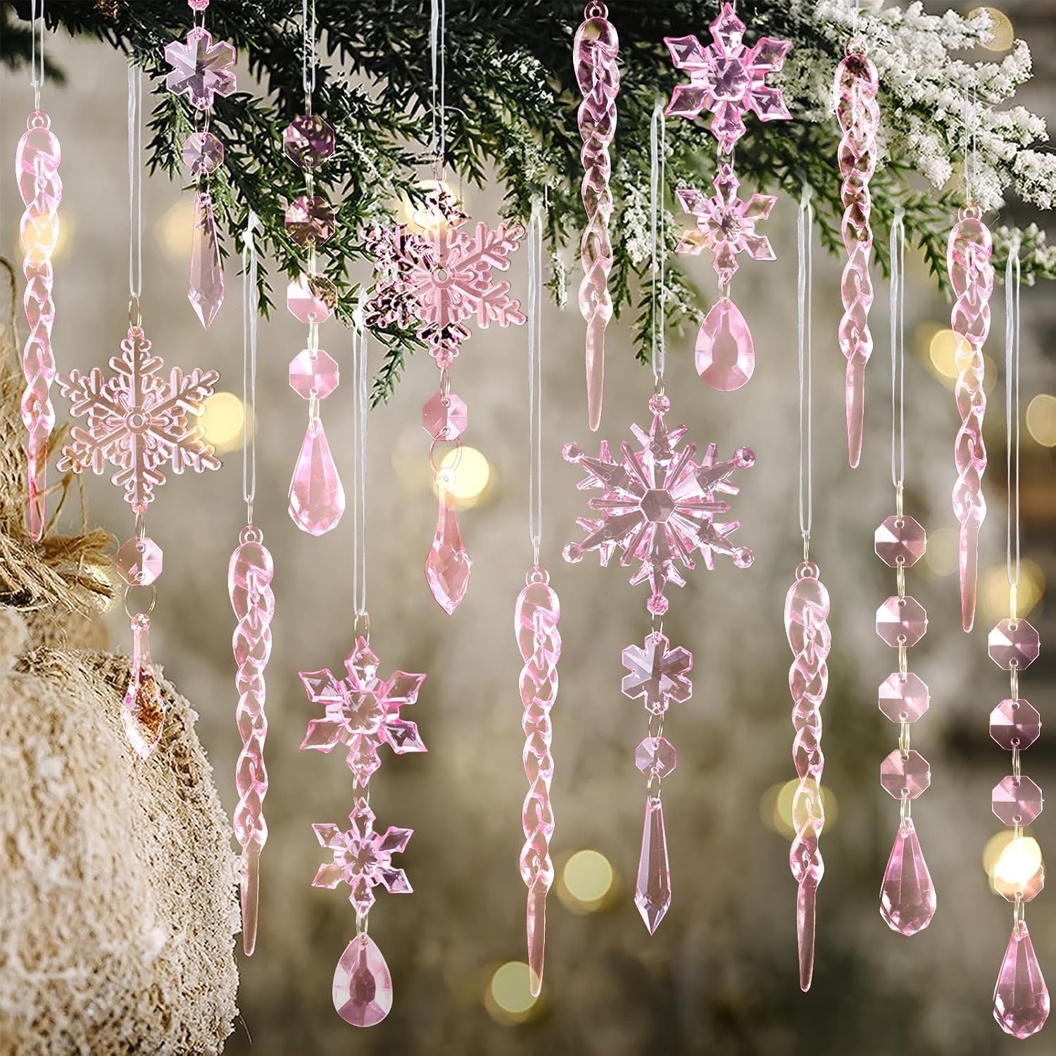 18pcs Light Pink Acrylic Christmas Tree Decorations Snowflakes Stalactite Hangin
