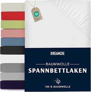 Dreamzie - Fitted Sheet - 180 x 200 cm - 100% Cotton Jersey | White · Sheet with elasticated hem · Fitted sheet up to 27 cm base height · Oeko-Tex certified · Double / King Size