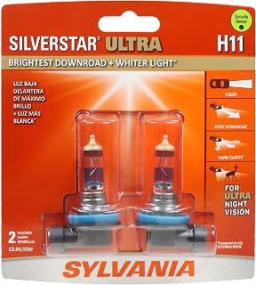 SYLVANIA H11 SilverStar Ultra Halogen Headlight Bulb, 2 Bulbs | Ultra Night Vision for the Farthest Downroad, Whiter Light, and More Clarity for High Beam, Low Beam, and Fog Replacement