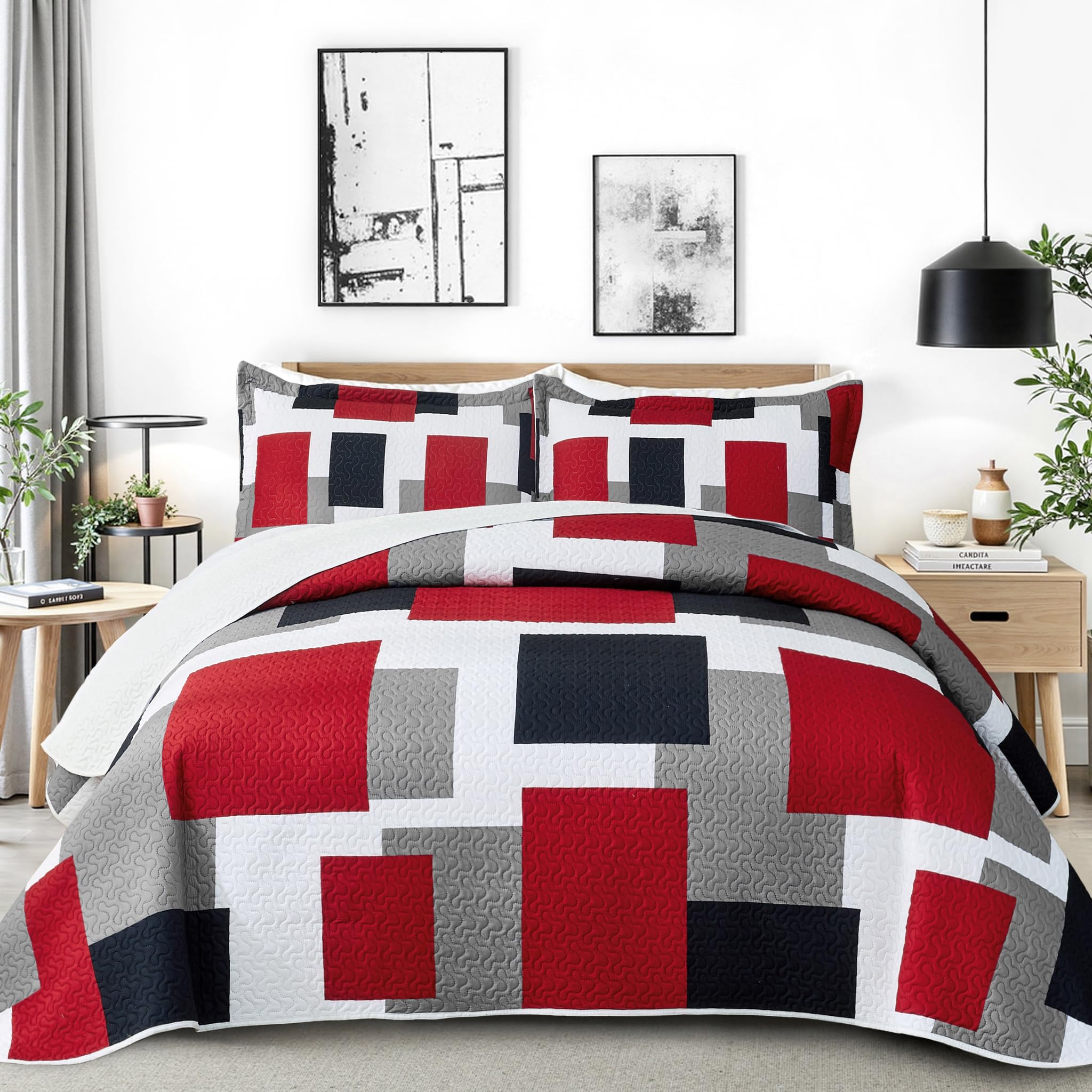 Tyrot 3 Piece Red Black Grey Quilts Full/Queen Size Red Gray Bedding Set