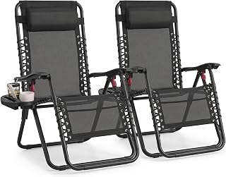 SONGMICS Set of 2 Zero Gravity Reclining Chairs, Folding Sun Loungers | With Tray, Adjustable Headrest, Max. Load 110 kg Each, for Patio, Garden, Black, SANDY Collection GLB032BZ02