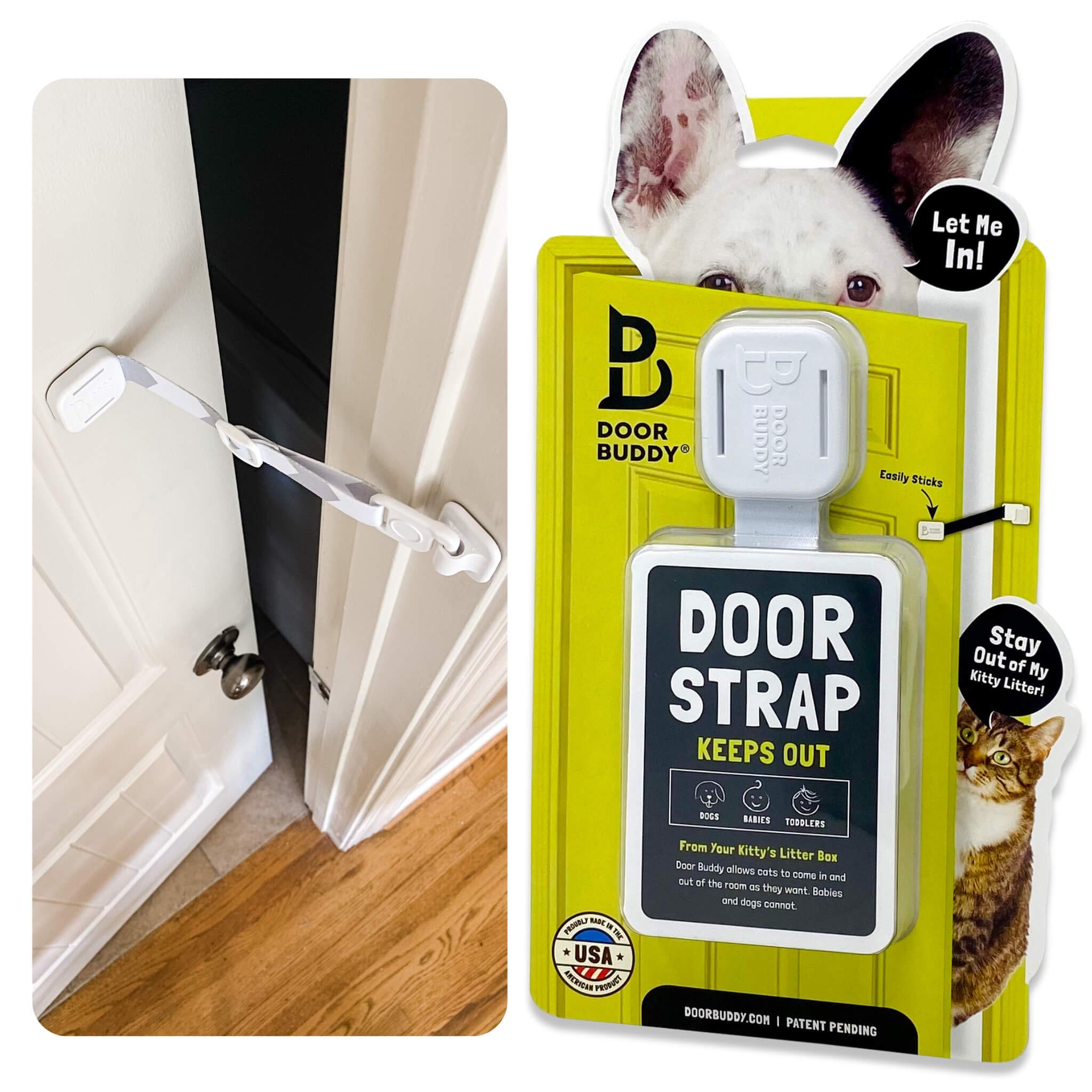 Door Buddy Pet Door Latch for Cats - Grey. Adjustable Cat Door Strap. Dog Proof 